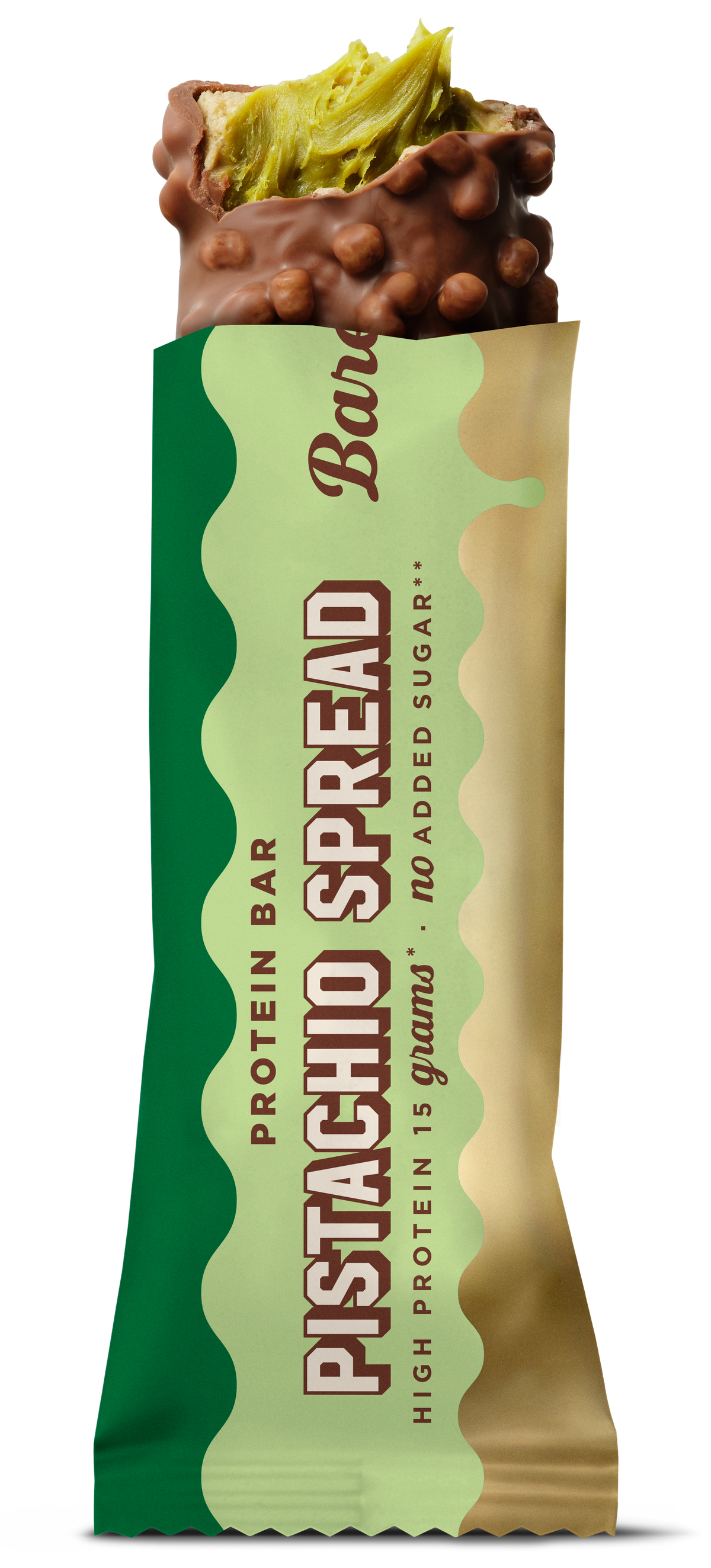 Barebells Pistachio Spread protein bar with chocolate coating and green pistachio filling, next to green and beige packaging